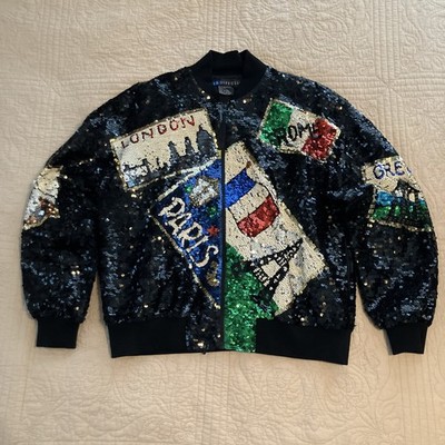 Vtg IB Diffusion 1992 100% Silk Full Sequin Bomber Jacket Euro Travel Theme Sz M