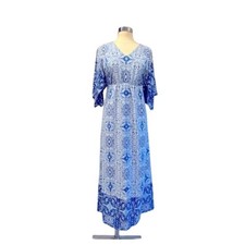 Chico’s Blue White Medallion Kaftan Maxi Dress Size 3.5 or Size 18 Boho Casual