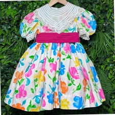 Vintage Dress Girl's 4 Floral Print with Pink Sash  Lace Collar 3171