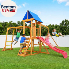 Wooden Swing Sets for Backyard, Kids Outdoor Playground Set with Monkey Bars, Wa