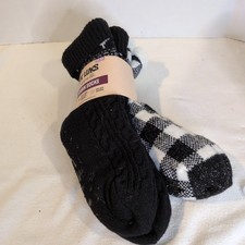 Muk Luks Womens TallCabin Socks One Size 2 Pair Black Plaid and Solid Grippers