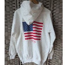Vitg 90s Guess American Flag Hoodie Pull On Heathered Gray Made in USA One Size