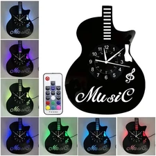 Music Wall Clock, Guitar Vinyl Clock, LED 6-Color Art Night Light Home Decor US