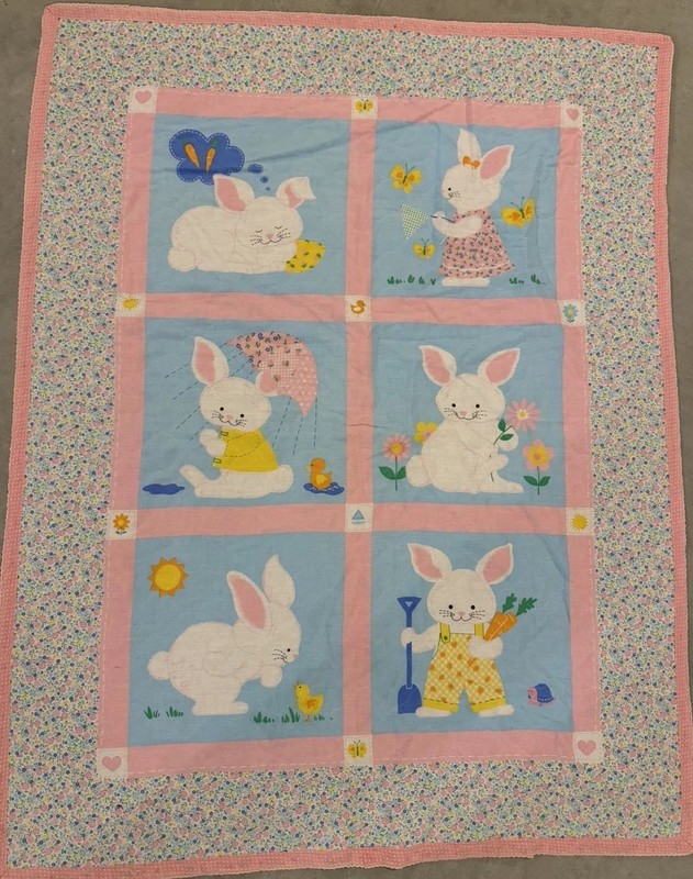 Handmade Easy Care Cotton Crib Quilt, Bunny Theme 34.5” x 42.5”