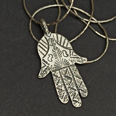 Vintage Silver Hamsa Necklace Large Engraved Art Hand of Fatima Shield 925 Gift