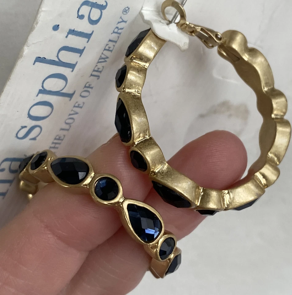 Pendientes Duquesa Lia Sophia Satén Mate Tono Dorado Firmado Acentos Azul Oscuro Raro Foto 2 de 4