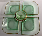 5 Pc Appetizer Condiment Set Dip Dish Green Tint Glass Gold Trim Spring Easter