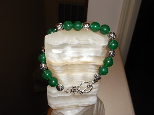 Pulsera con cuentas de plata tibetana hecha a mano de 8 3/4" 10 mm verde jade para hombre - Imagen 2 de 9