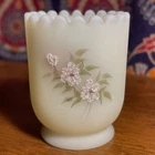 Fenton, Toothpick Holder, Custard Satin Glass, "Pink Blossom", Hand Decorated.
