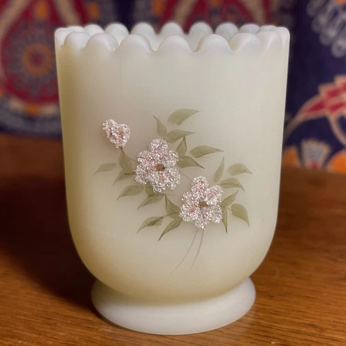 Fenton, Toothpick Holder, Custard Satin Glass, "Pink Blossom", Hand Decorated.