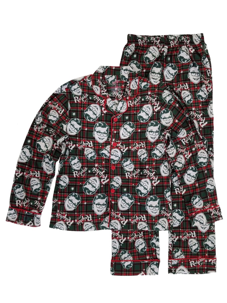 A Christmas Story Ralphie Mens Green/Red Plaid Flannel Sleepwear Pajama Set