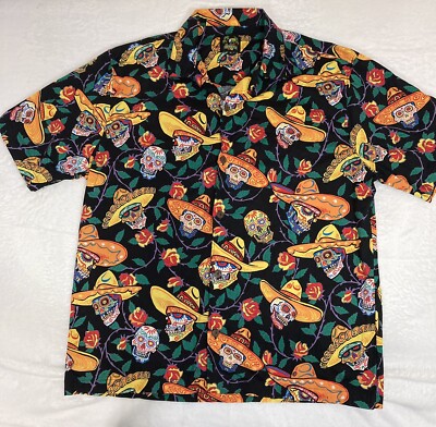 Benny's Sugar Skulls Day of The Dead Hawaiian Button Up S/S Shirt Men's Sz Xl