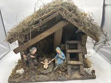 Vintage Nativity Set Made In Italy Mary Joesph Baby Jesus Lambs Manger