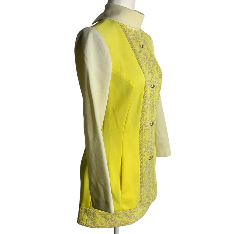 Conjunto de pantalón tejido elástico vintage años 60 2 piezas S amarillo cuello alto bolsillos cremallera Foto 4 de 4