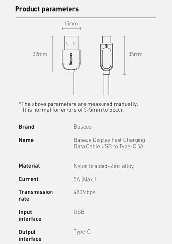 Baseus LED Digital Display 40W USB C Fast Charger Cable PD 5A Charging - Picture 11 of 14