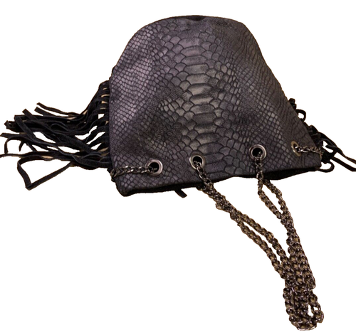 Tasche Velours Leder schwarz Krokolook Bucket Beutel Fransen Kettenhenkel B179 - Bild 6 von 12