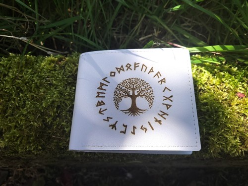 Handmade Engraved Horizontal Men's Leather Wallet Viking Pagan Tree Of Life Rune - Picture 2 of 2