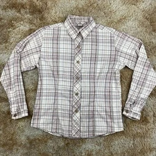 Woolrich Button Shirt Womens Size Small Beige Plaid Long Sleeve 100% Cotton