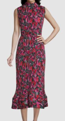 $450 Milly Women's Red Melina Pleated Tulip Midi Dress Size 10
