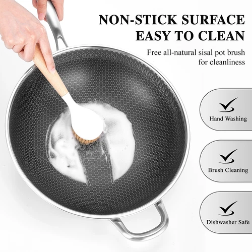 13-INCH LARGE WOK STAINLESS STEEL NONSTICK FRYING PAN W/ LID BRUSH FOR INDUCTION - Picture 10 of 13