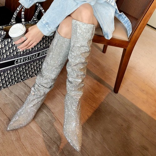 Luxury Women Rhinestone Blcok High Heels Knee High Boots Pointy Toe Pull On  Shoe | eBay