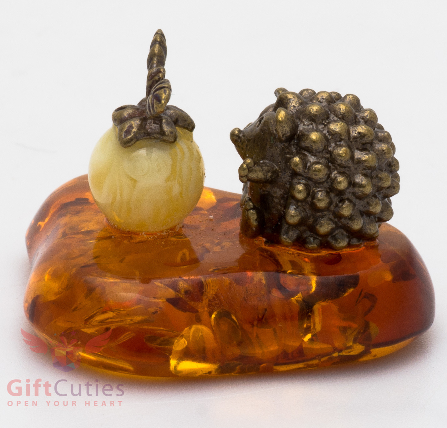 Solid Brass Amber Figurine of Hedgehog with Apple Totem talisman