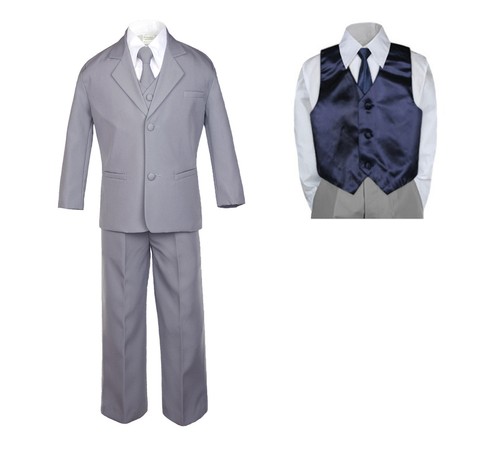 7pc Baby Toddler Boy Formal Party Medium Gray Suit w/Satin Vest & Necktie M-20 - Picture 17 of 25