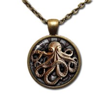 Bronze Octopus Nautical Sea Creature - Handmade ROUND Glass Pendant Necklace
