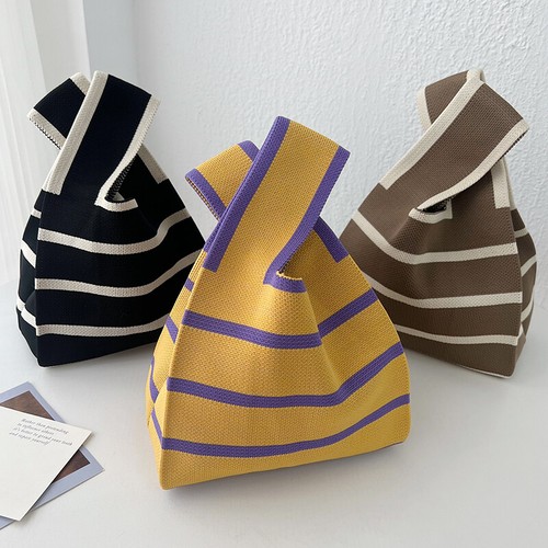 Women Fashion Knitted Handbags Mini Knot Wrist Bag Stripe Casual Shopping Bag - Picture 14 of 17