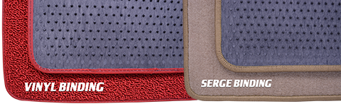 Red and tan 4-piece Fits-1979-1981 Pontiac Bonneville Safari floor mat with black circular pattern and visible Serge Binding.