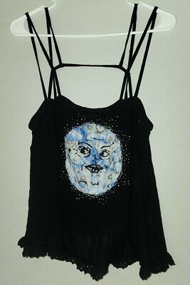 Handmade Altered Strappy Tank Top Moon Face Embroidered Painted Patch Freak