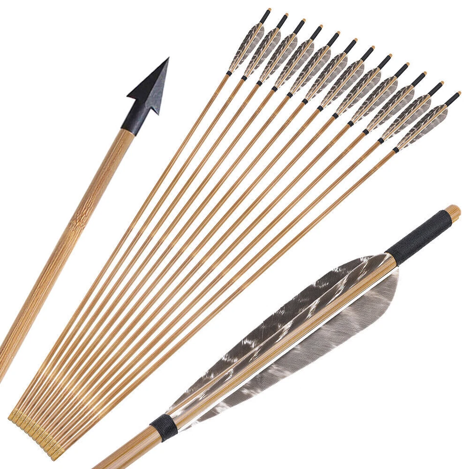 33" Traditional Bamboo Arrow Turkey Feather Recurve Bow Longbow Hunting Shooting - Image 2 of 4