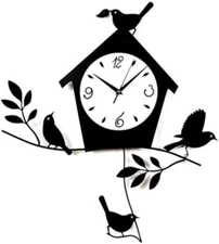 Birds and Birdhouse Wall Clock with Pendulum | Laser-Cut Bird Theme & Black Matt