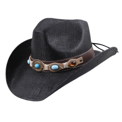 1x Herren Western Cowboy Hut mit Gürtel Outdoor Breite Krempe Stroh Sonnenkappe Reisehut