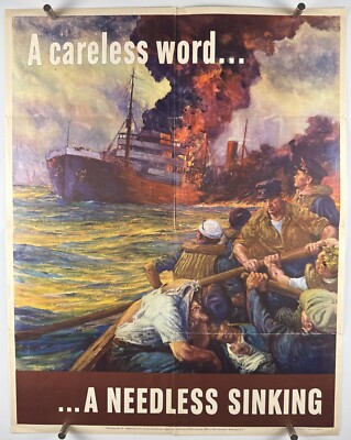 CARELESS WORD A NEEDLESS SINKING World War 2 Bond Poster (VG)1942