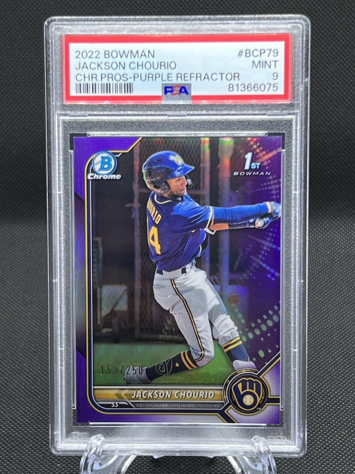 2022 Bowman Chrome Jackson Chourio 1st Purple Refractor /250 #BCP79 PSA 9 Mint