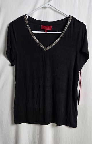 Jennifer Lopez Blouse Shirt Medium Black Jeweled Neck Modal/Spandex Blend