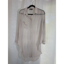 ASTR Sheer Polka Dot Stripe Button Up Blouse Ivory Black Oversized Size S