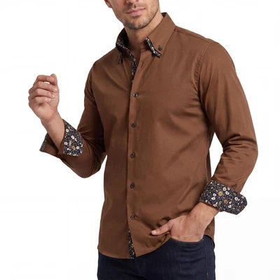 Chemise Habillée Homme Col Double Imprimé Floral Marron Manche Longue Oxford - Photo 1/4