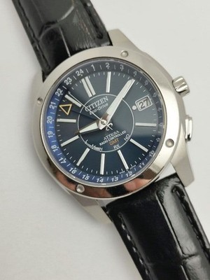 Citizen ATTESA GMT Watch Light Titanium Blue Dial Radio Solar Used Authentic