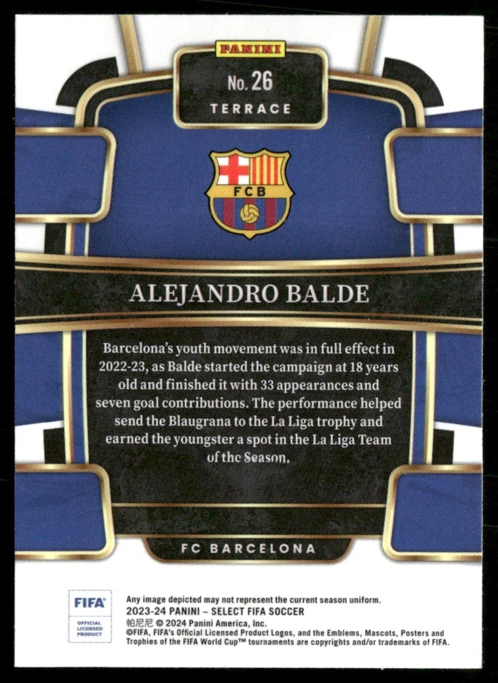 2023 PANINI SELECT FIFA ALEJANDRO BALDE FC BARCELONA #26 - Image 2 of 2