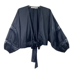 Bishop + Young Satin Jacket Womens  XS Whimsygoth Dark Fairy Blue Lace Oversized