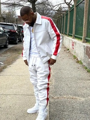 Men's Leather PU Track Suit Sweatsuit [White/Red] Jogging Tracksuit