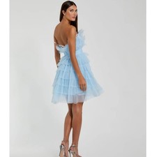 Mac Duggal Baby Blue Feathers Tulle Strapless Mini Dress Prom 598 retail, size 0