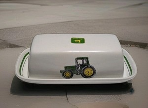 Vintage Gibson John Deere Ceramic Tractor Farm Covered Two Piece Butter Dish VG