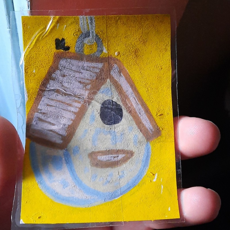 Rounded Wooden Hanging Bird House laminated Signed Drawing art card aceo