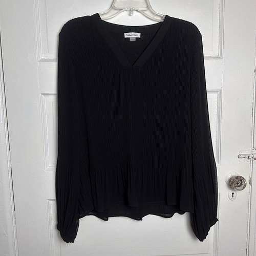 Calvin Klein Women’s Black Pleated Blouse Sheer Long Sleeve L Classic Minimalist - Picture 2 of 15