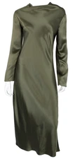 LORO PIANA Olive Green Silk Satin Long Sleeve Maxi Shift Dress 42