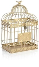 15.5 Rectangular Decorative Lockable Metal Birdcage Wedding Card Holder, Gold