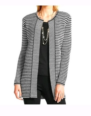 TALBOTS 100% Merino Wool Black/White Open Front Cardigan PETITE M Office Casual